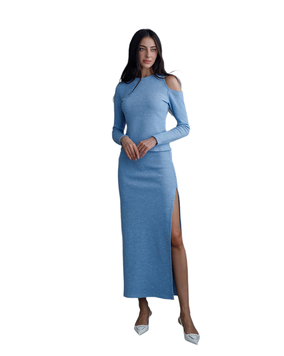 Women Knit Long Sleeve Suit with Slit Skirt