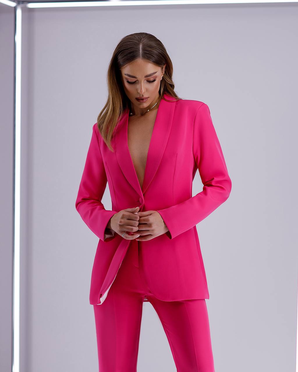 Womens Pink Suit with Lined Blazer and Flared Pants