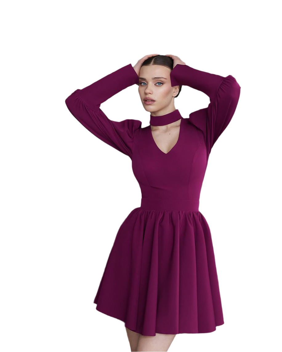 Elegant Purple Mini Dress with Full Skirt and Long Sleeves