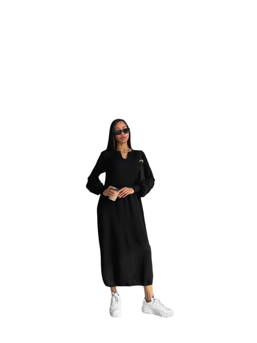 Black Knitted Ribbed Midi Dress for Women