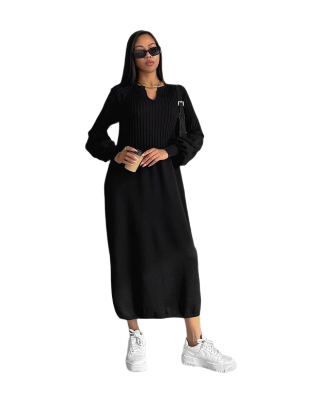 Black Knitted Ribbed Midi Dress for Women