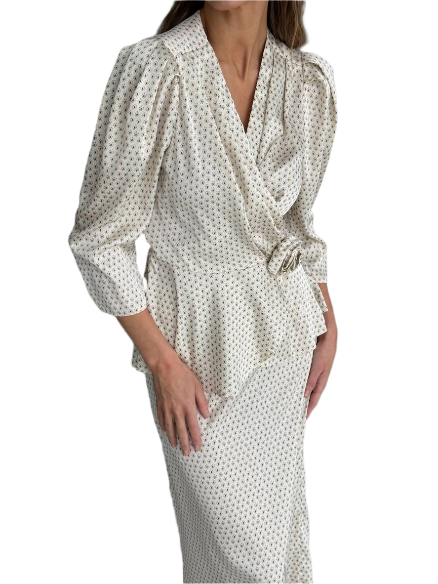 Diana Women Silk Satin Suit with Belt Elegant Patterned Skirt and Blouse