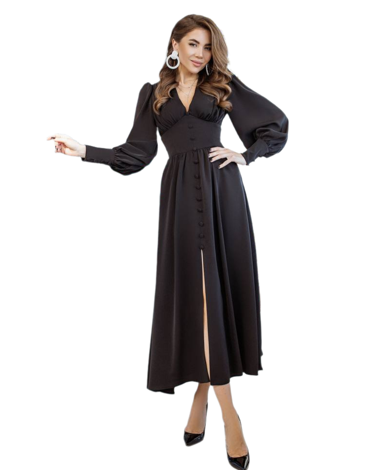 Elegant Black Crepe Silk Long Dress with Puff Sleeves and Front Buttons