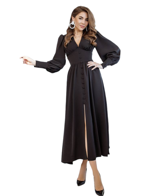 Elegant Black Crepe Silk Long Dress with Puff Sleeves and Front Buttons