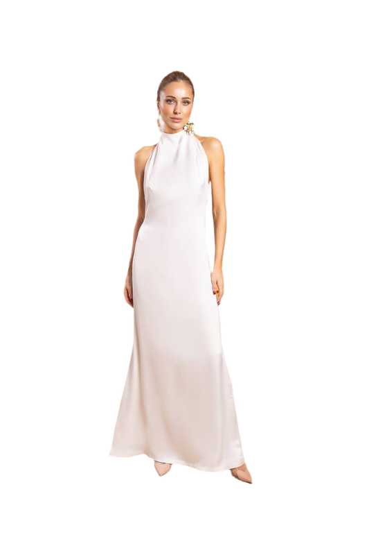 Woman wearing a white halter neck gown on a white background