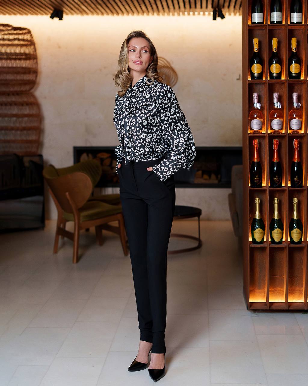 Womens Satin Printed Blouse with Tie Neck in Black White Leo