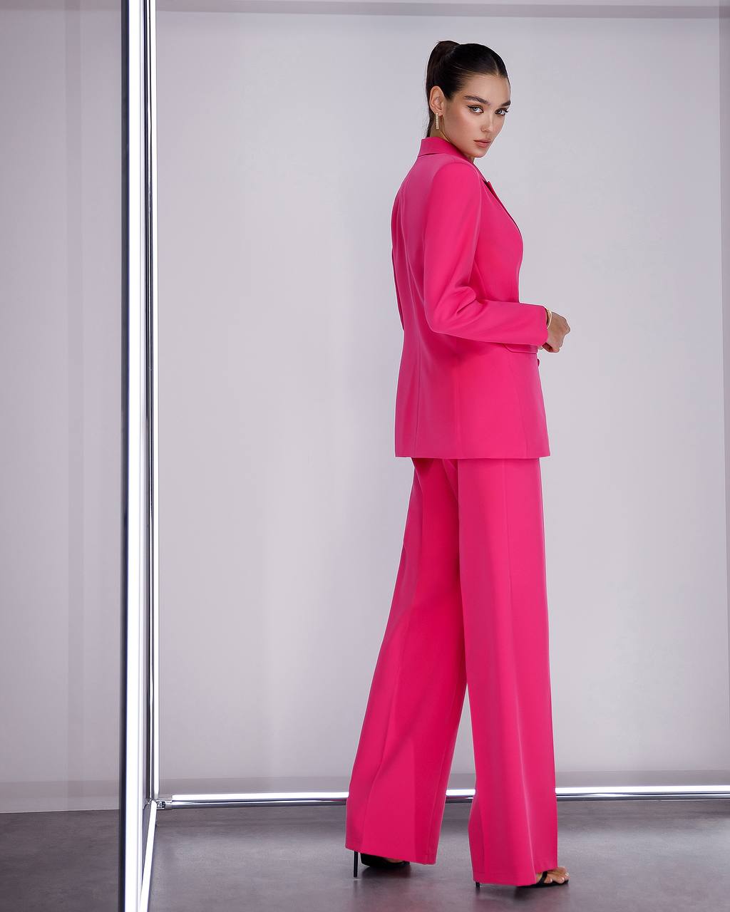 Prom Bridal Wedding Cocktail Graduation Pink Three-Piece Women Suit Jacket Top Trousers Pantsuit Palazzo Pants