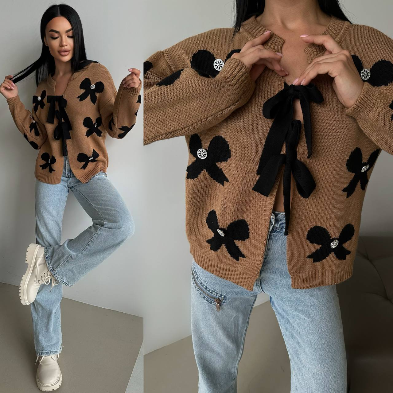 Woman wearing a brown sweater with black bow designs, standing against a plain background.