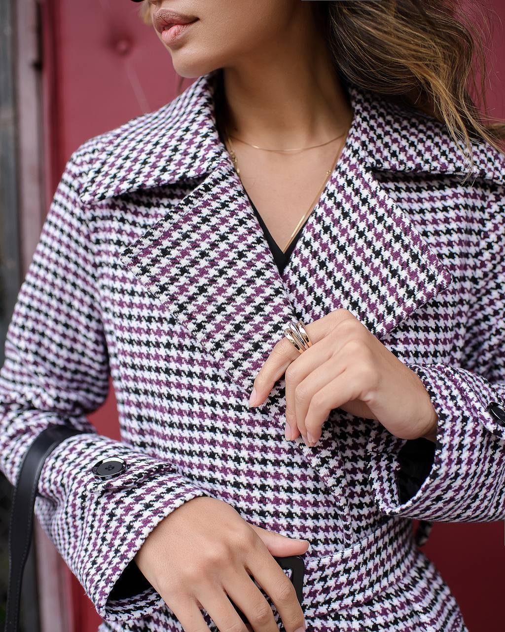 Womens Turkish Fabric Houndstooth Pattern Coat Long Trench Style Belted