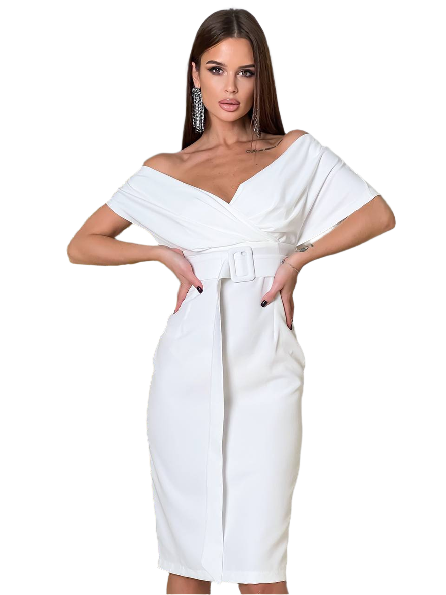 Elegant Off Shoulder Diagonal Crepe White Dress with Belt