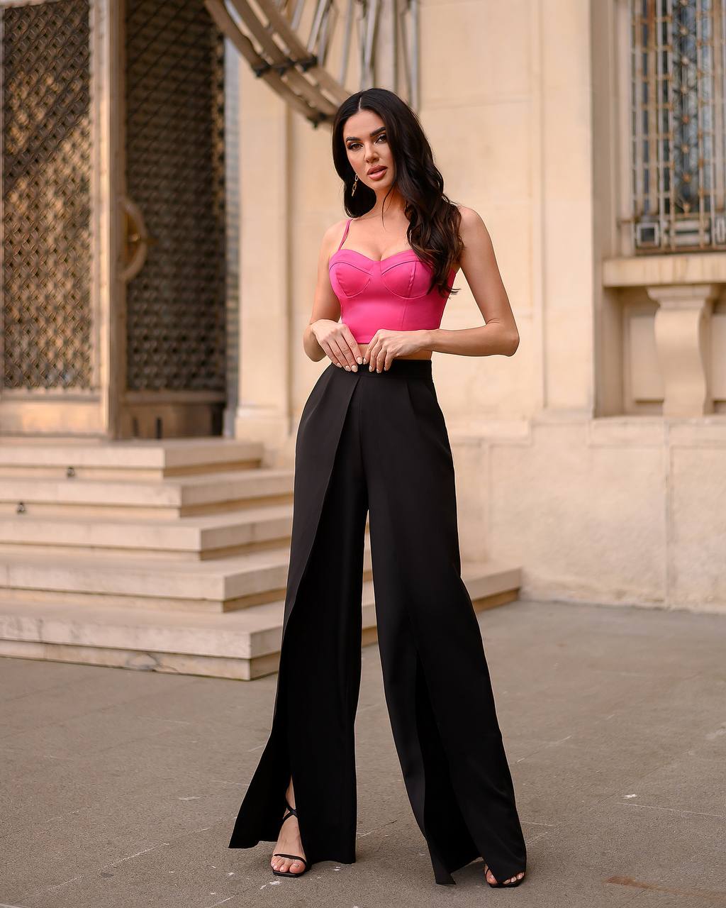 Women's Wide Leg Black Pants with High Slits