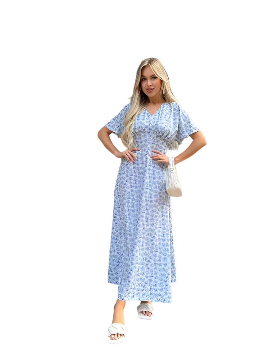 Lightweight Midi Summer Dress Blue Floral Print