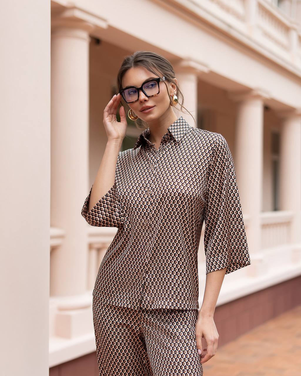 Womens Premium Printed Silk Suit Cropped Shirt and Trousers