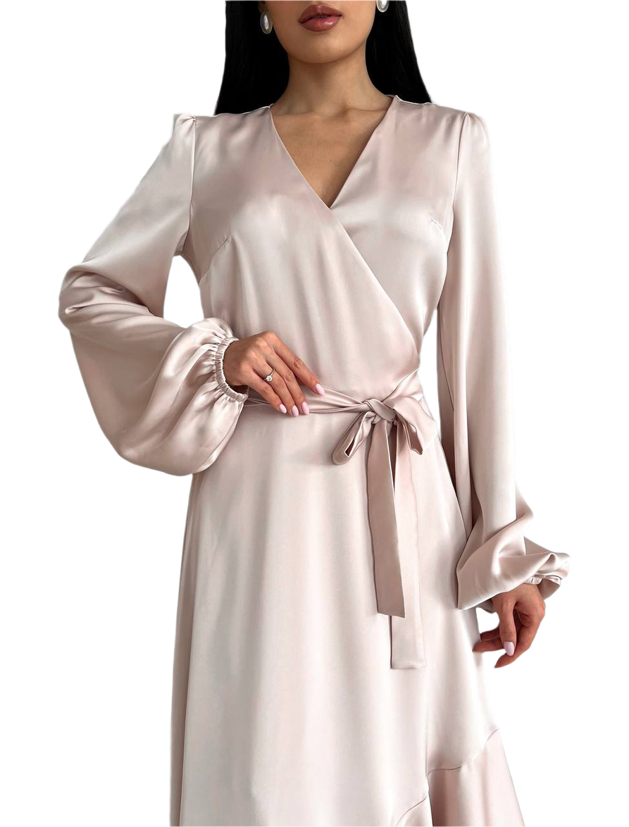 Silky robe with long sleeves and a belt on a white background