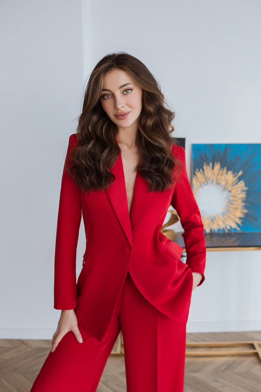 Red Diagonal Crepe Palazzo Suit Women Tailored Blazer Wide Leg Pants