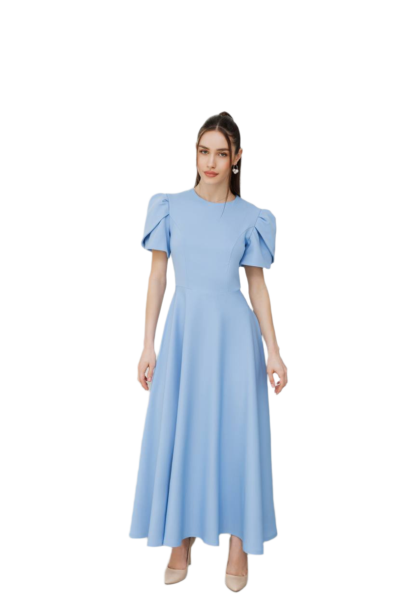 Elegant Diagonal Crepe Long Dress with Puff Sleeves for Women