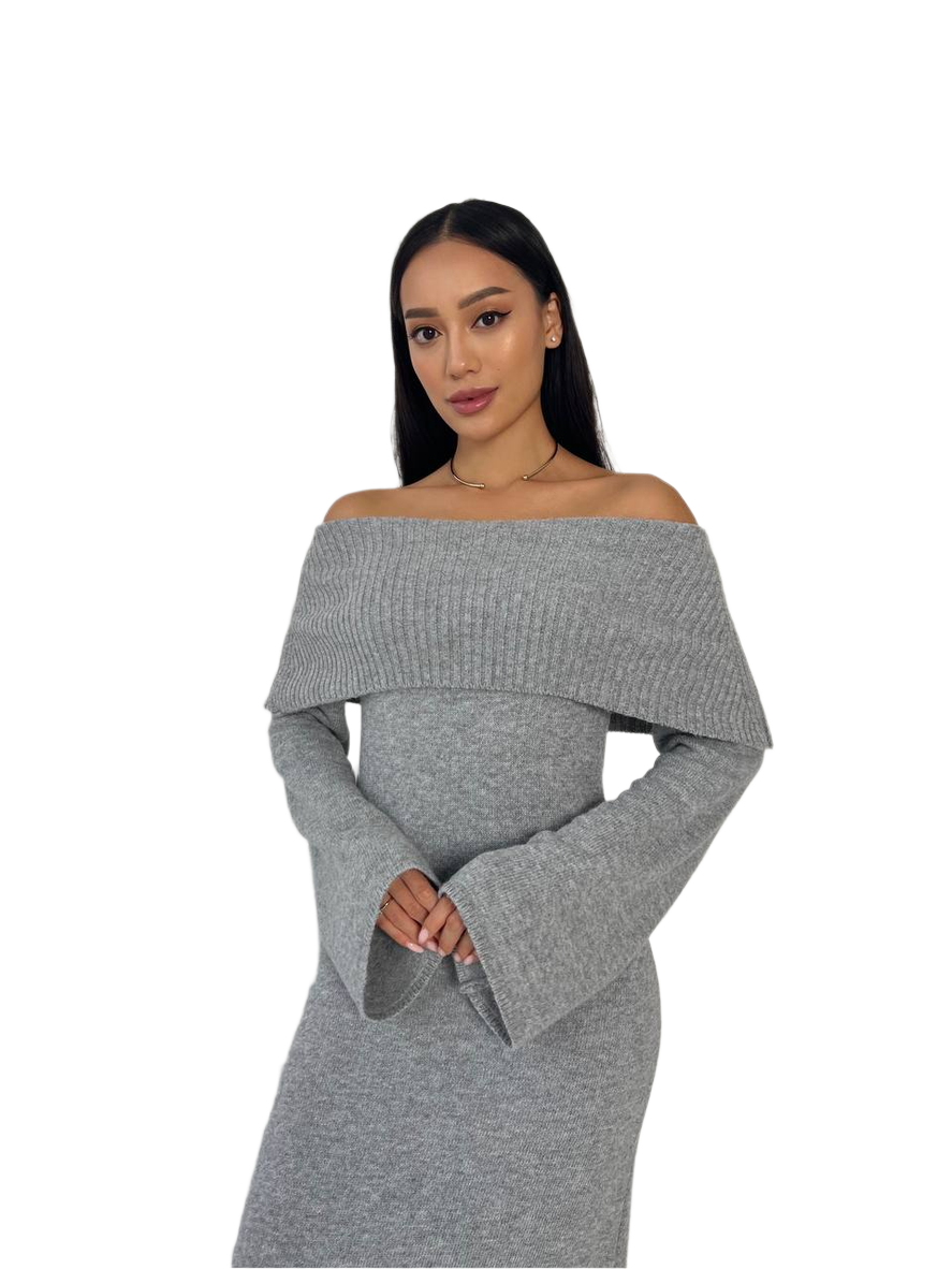 Woman wearing a gray off-shoulder dress on a white background