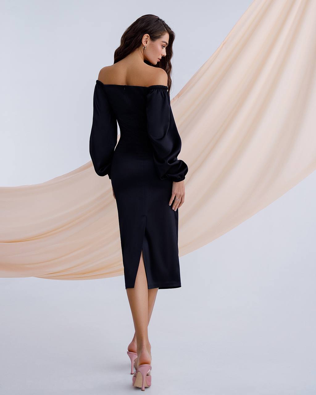 Elegant Off Shoulder Midi Dress in Mango Satin