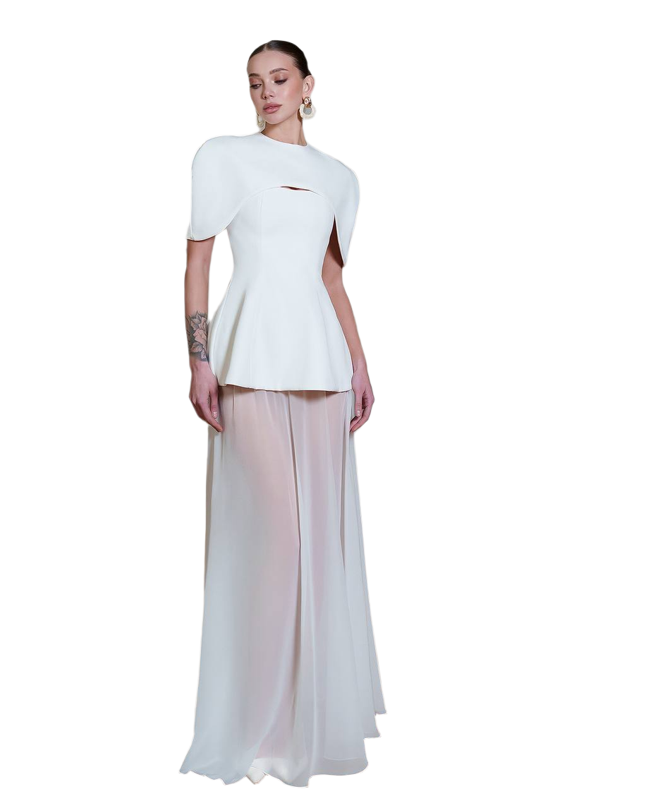 Elegant Womens Corset Dress with Long Sheer Skirt and Short Cape