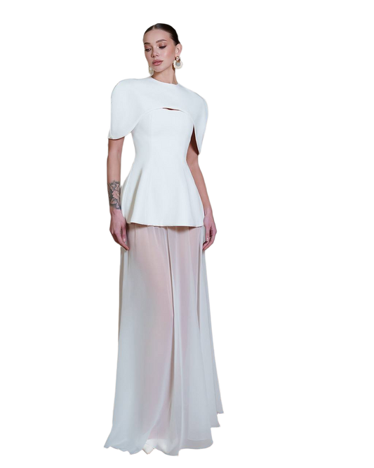 Elegant Womens Corset Dress with Long Sheer Skirt and Short Cape