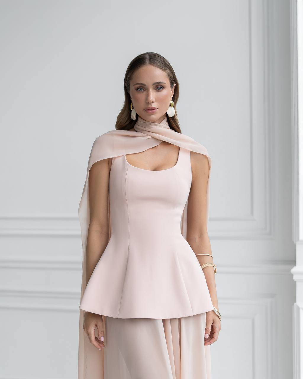 Elegant Corset Dress Set with Skirt and Cape in Premium Diagonal Suiting Crepe and Windy Chiffon