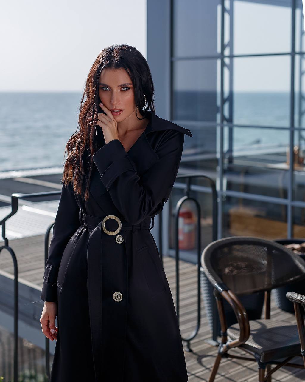 Stylish Black Trench Coat for Women with Belt and Pockets