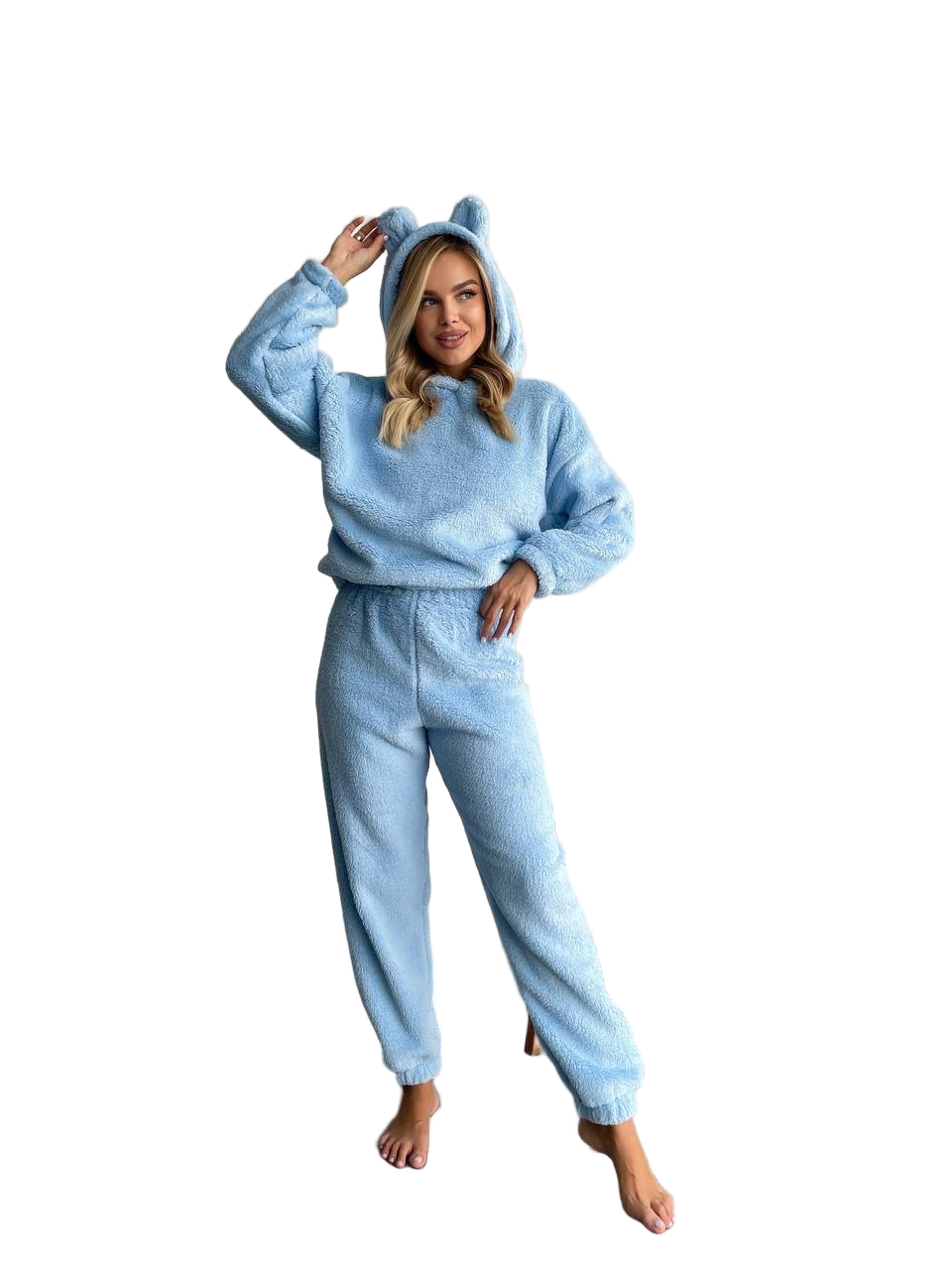 Warm Blue Hooded Pajama Set Double Sided Terry Cozy Home Loungewear