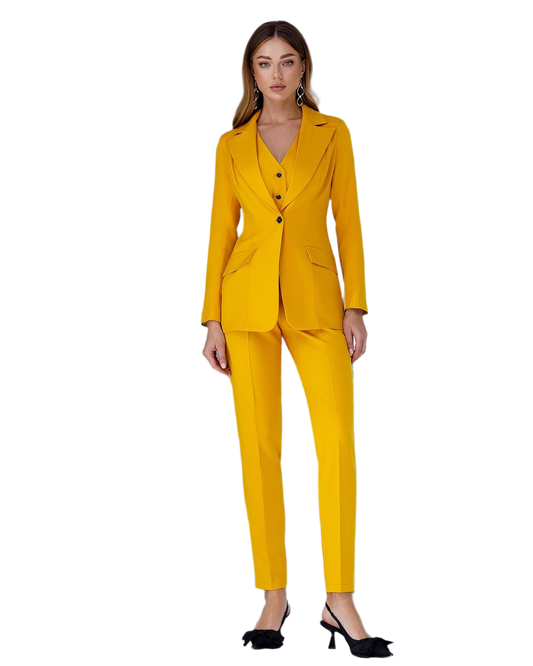 Woman wearing a yellow suit on a white background