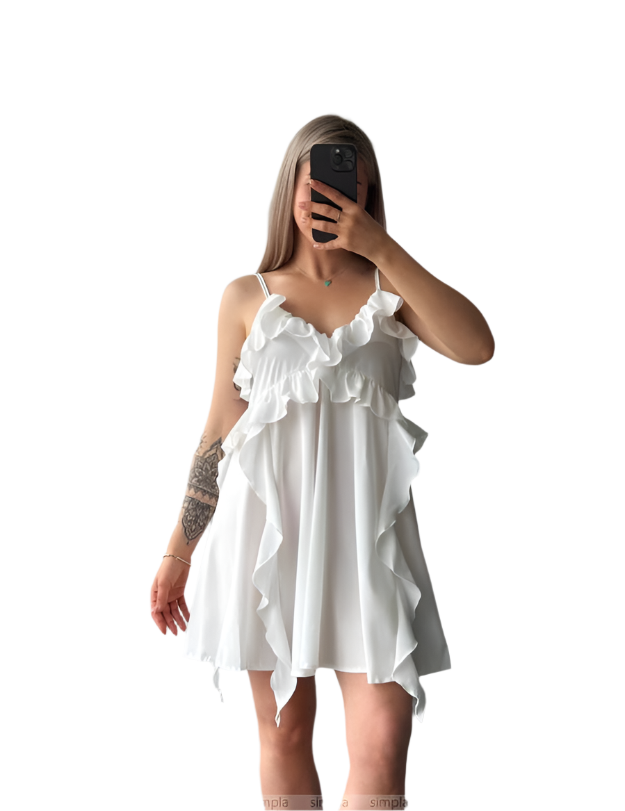 White Boho Ruffle Mini Dress with Adjustable Straps