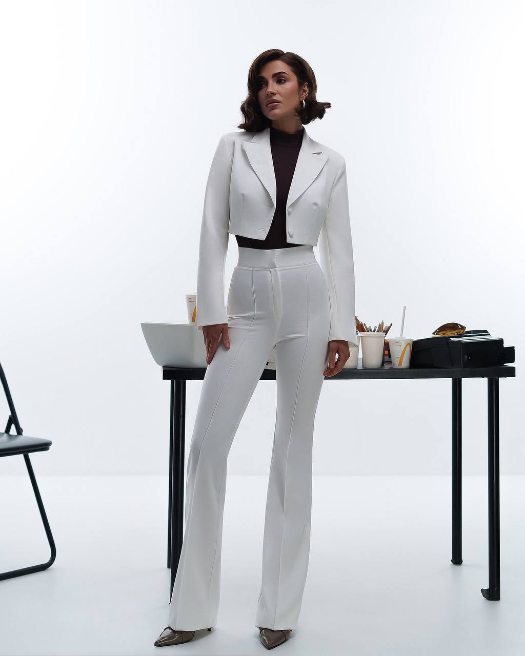 Premium Diagonal Crepe Women's Suit Blazer with Lining and Trousers in White