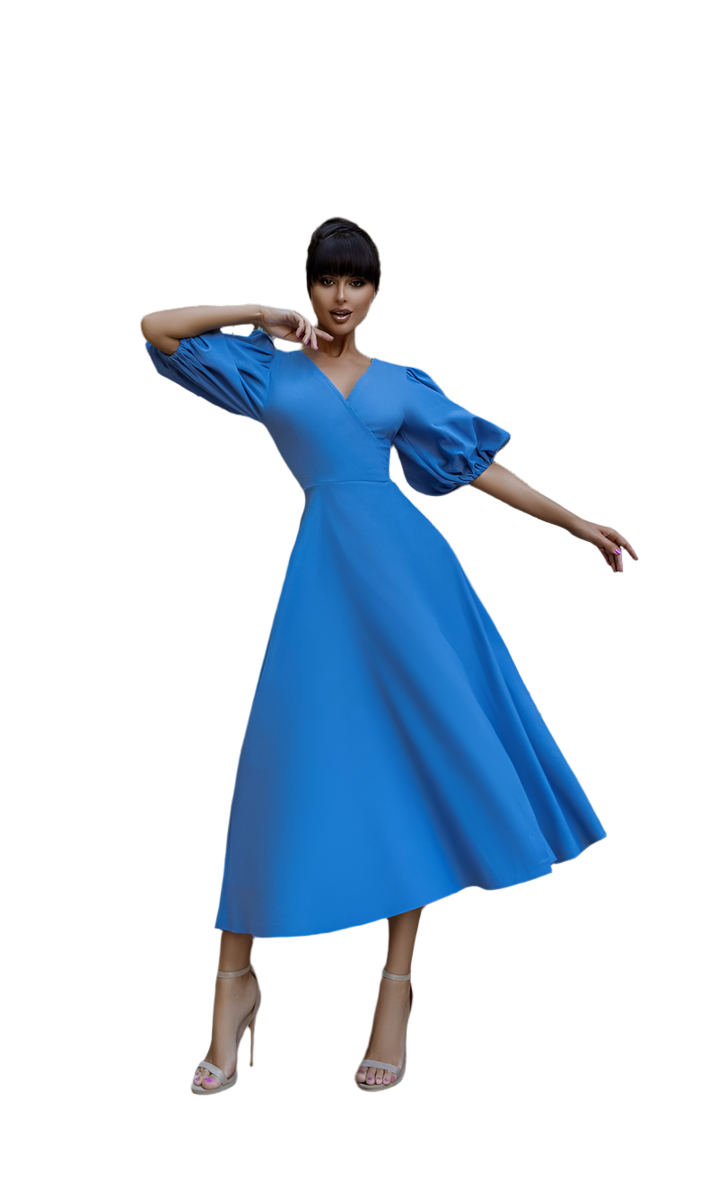 Elegant Linen Sundress with Puff Sleeves in Electric Blue