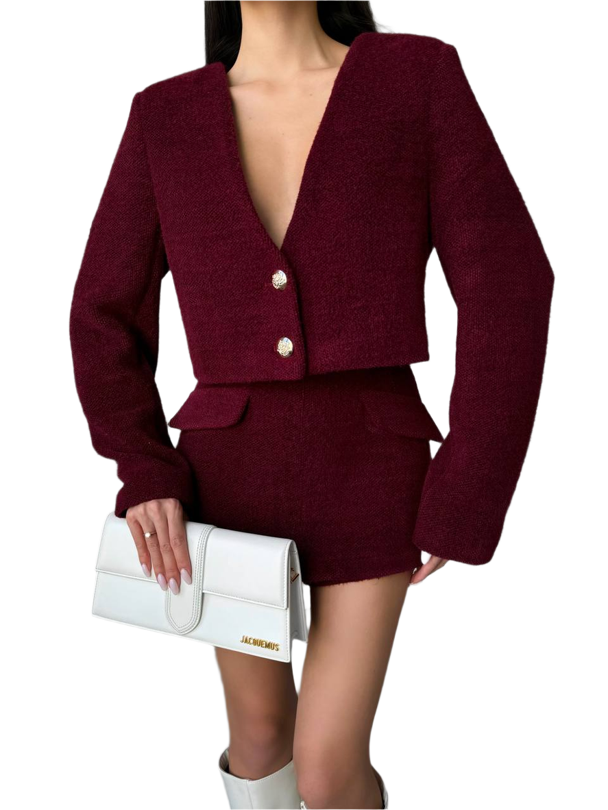 Stylish Burgundy Fluffy Crop Jacket and Skort Set for Women