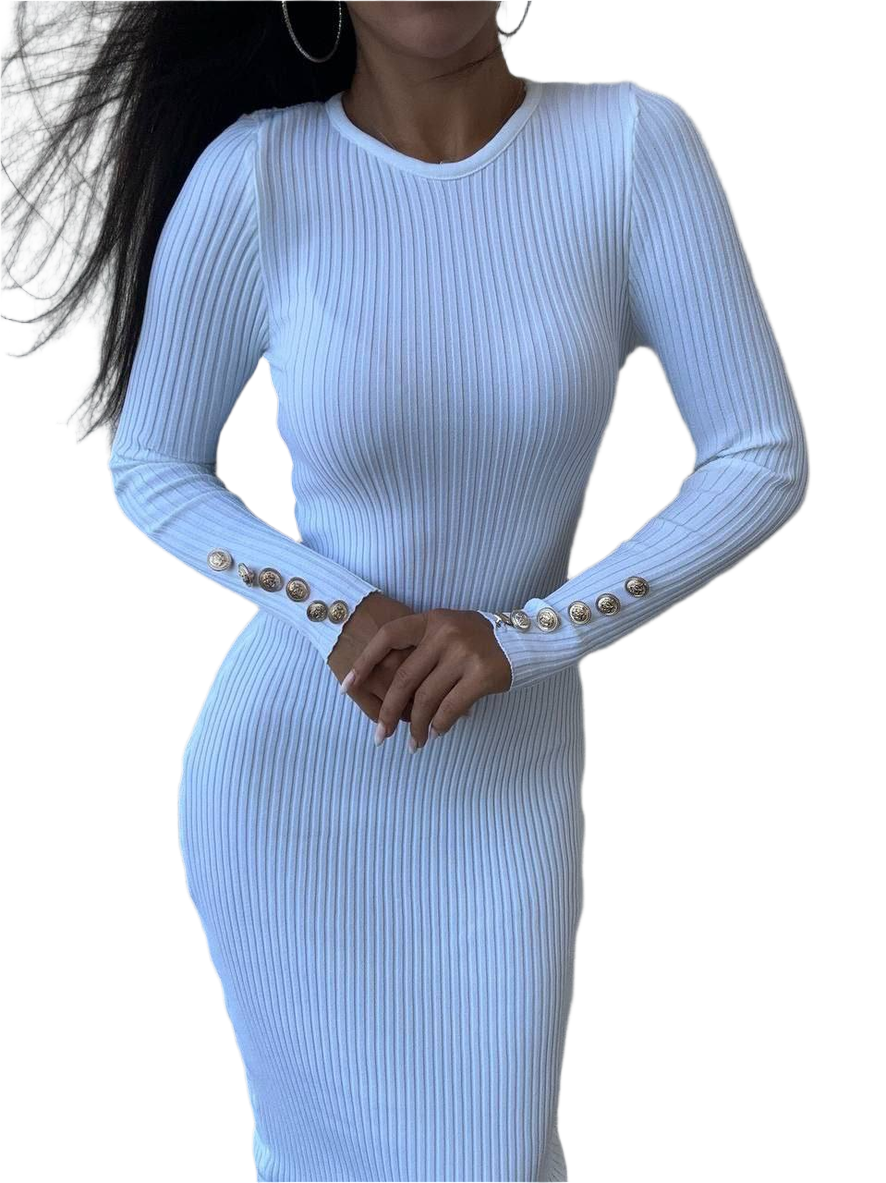 Light blue ribbed dress with button details on sleeves against a white background