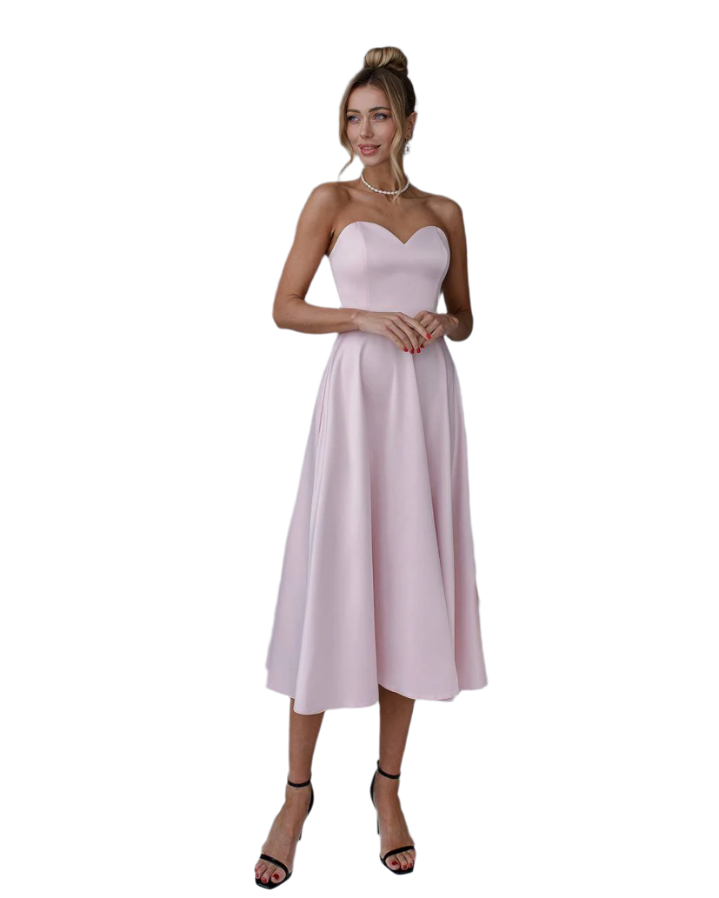 Elegant Strapless Midi Dress in Soft Colors for Wedding or Party