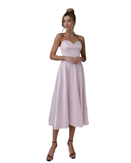 Elegant Strapless Midi Dress in Soft Colors for Wedding or Party