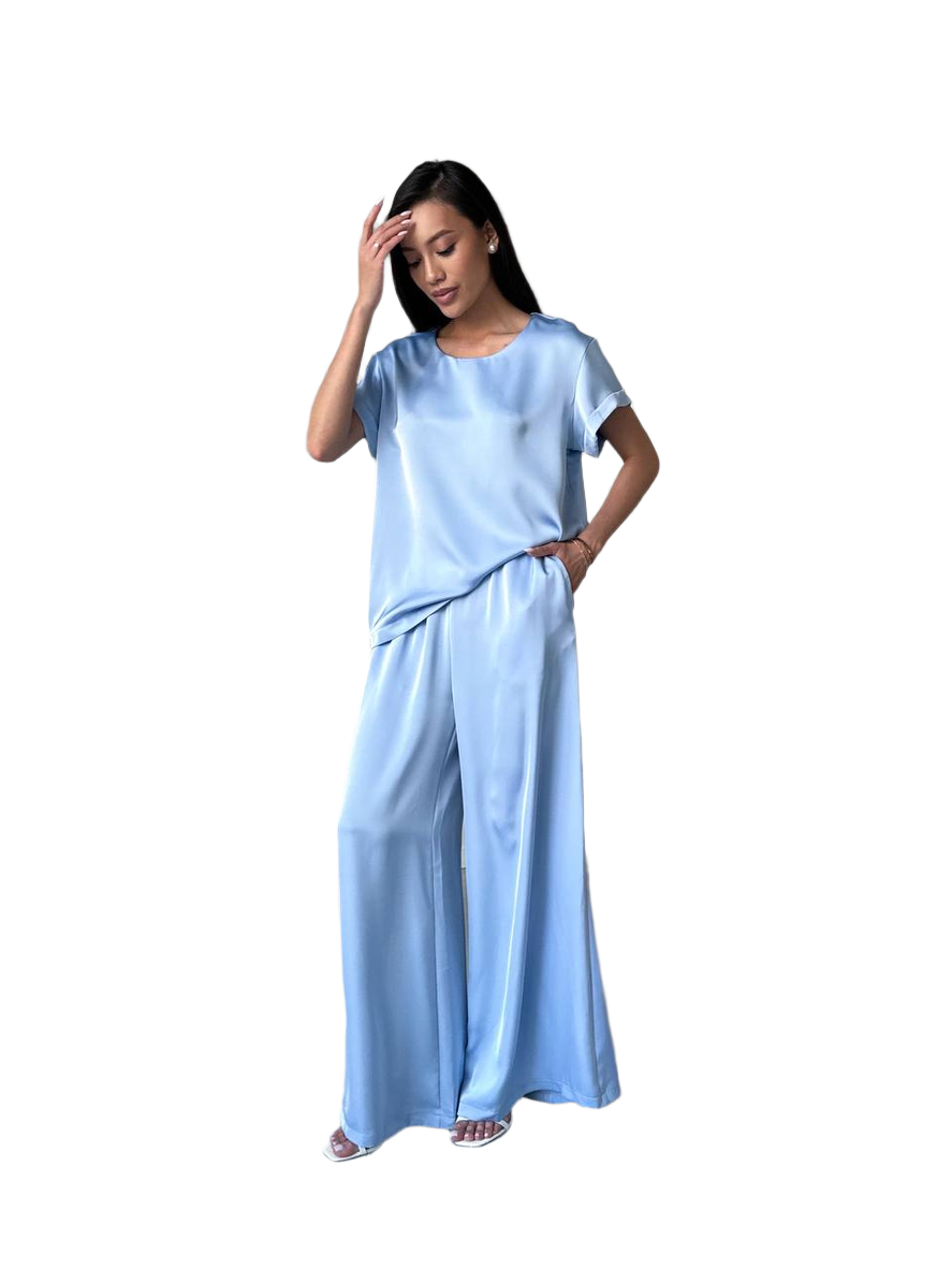 Luxury Satin Women Suit Wide Leg Pants and Short Sleeve Top Set
