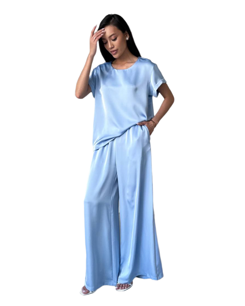 Luxury Satin Women Suit Wide Leg Pants and Short Sleeve Top Set