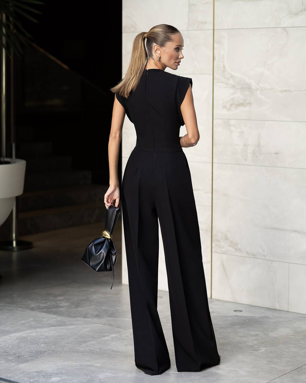 Womens Tailored Wide Leg Jumpsuit with Keyhole Neckline