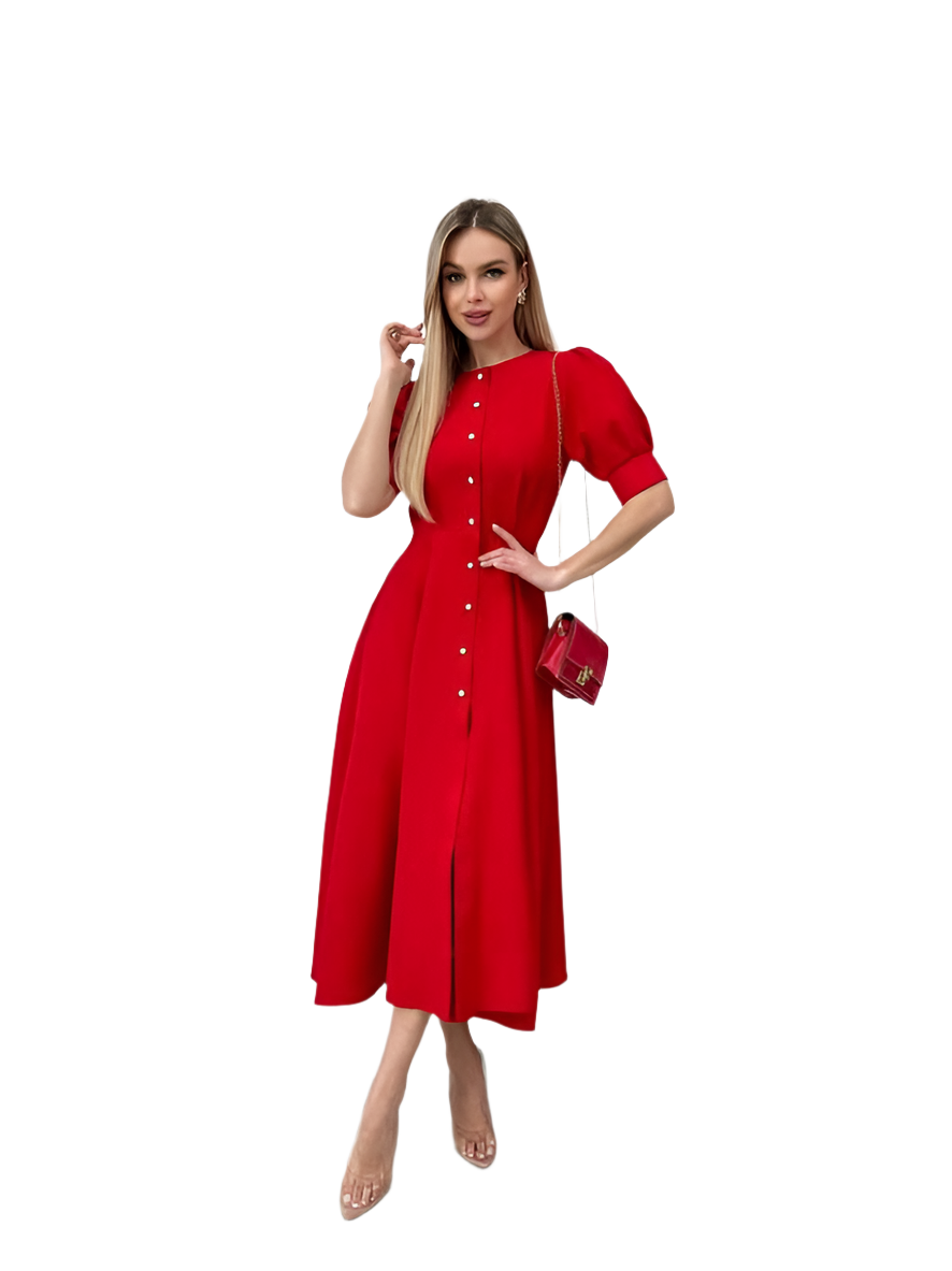 Elegant Red Midi Dress with Button Front and Puff Sleeves