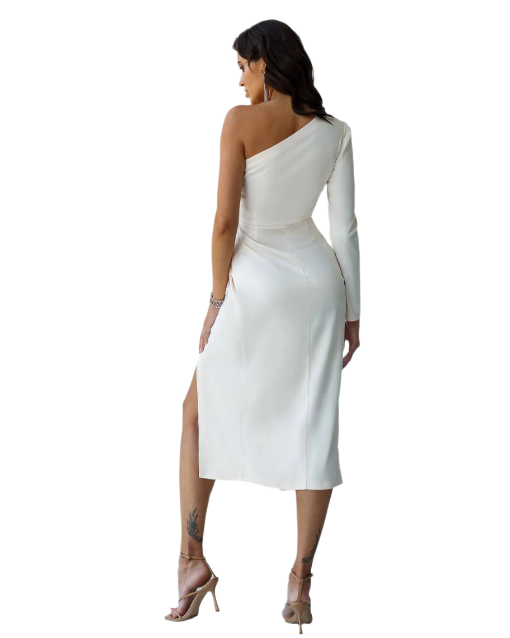 Woman wearing a white one-shoulder dress with a slit on a white background