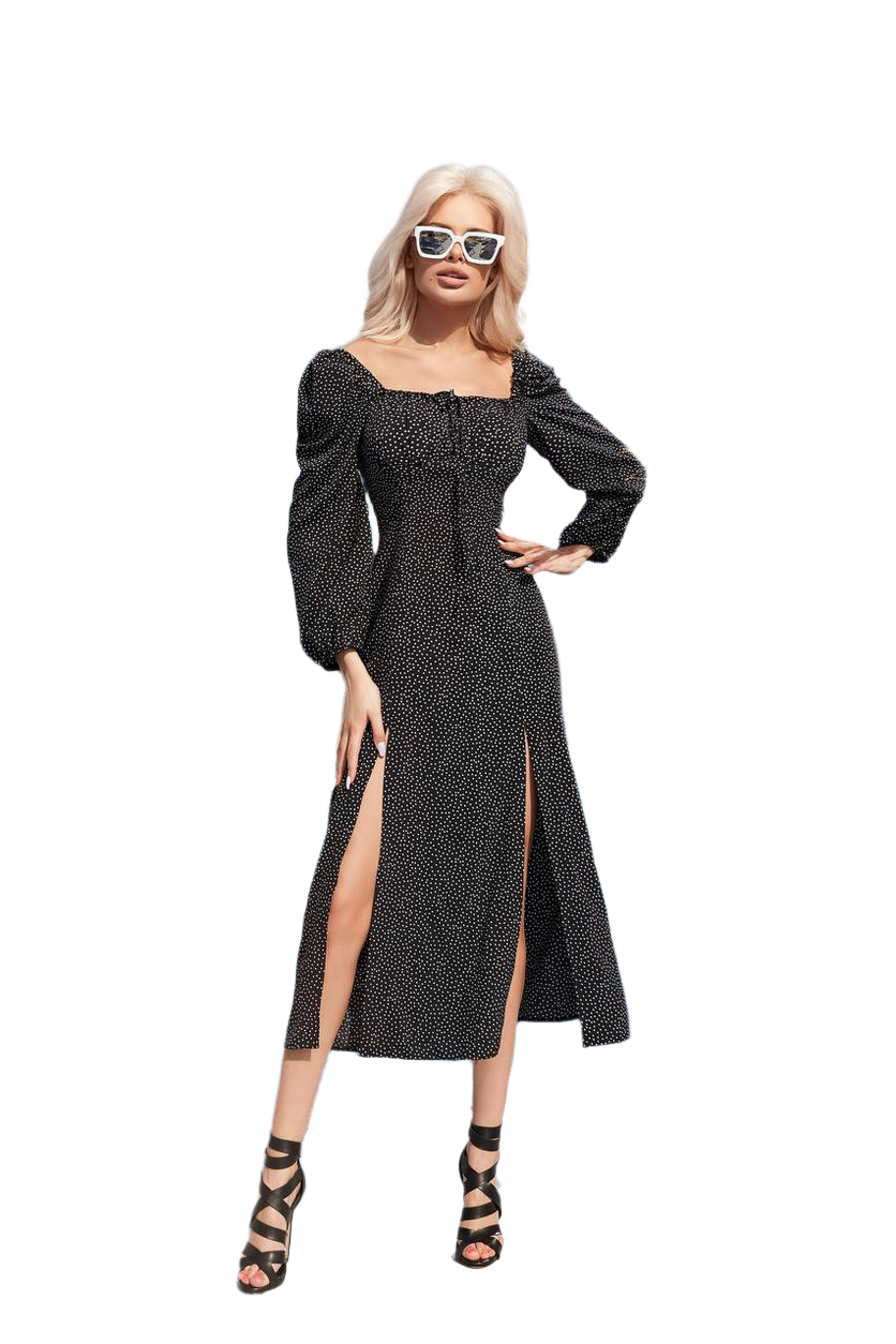 Soft Fabric Midi Dress with Puff Sleeves and Side Slits