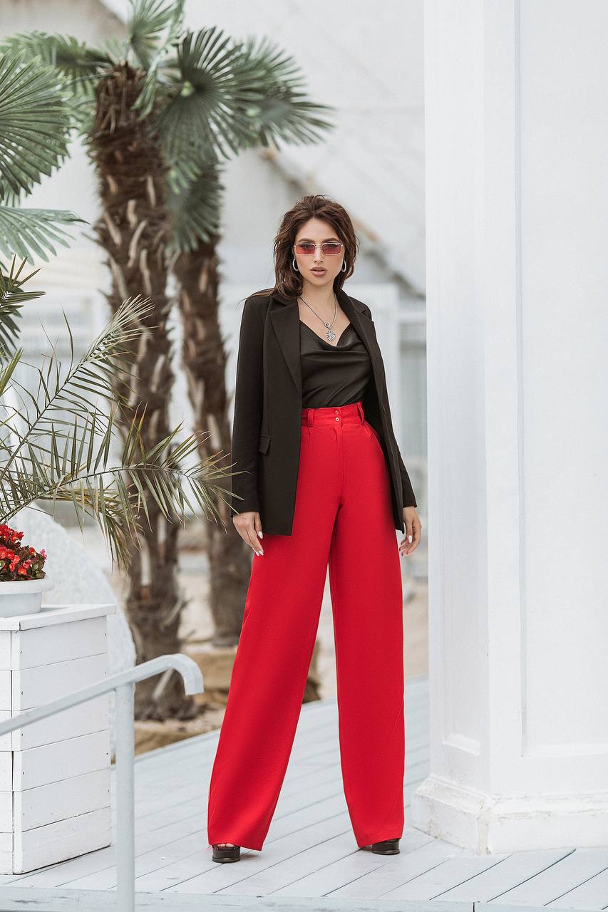 Women's High Waist Wide Leg Trousers in Suiting Crepe Diagonal Fabric