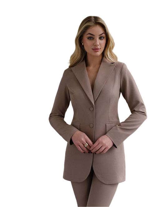 Woman wearing a brown suit on a white background