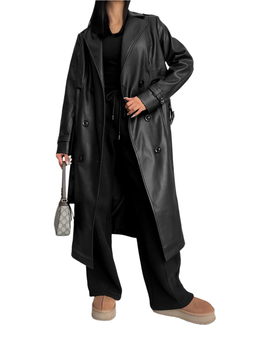 Womens Long Eco Leather Trench Coat Kendi 02