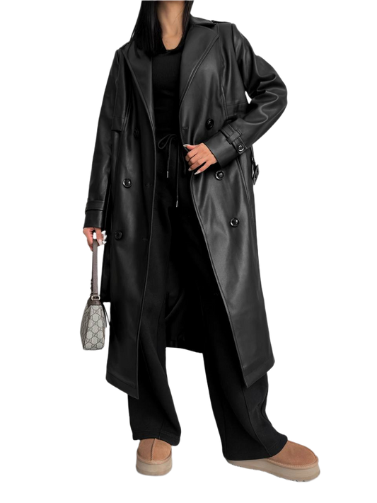 Womens Long Eco Leather Trench Coat Kendi 02