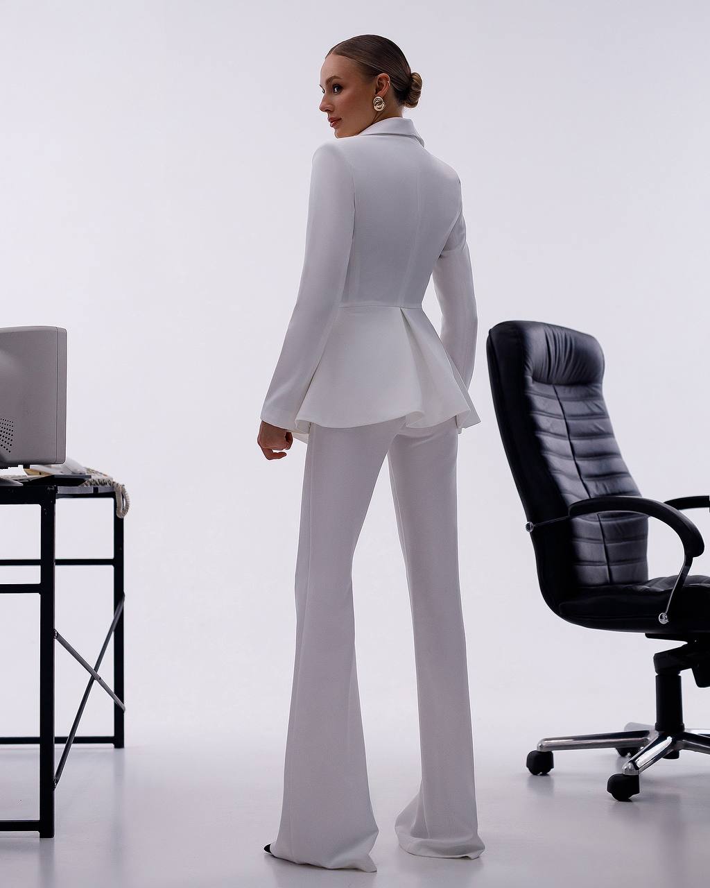 Elegant Premium Diagonal Crepe Women's Suit in White with Peplum Jacket and Flared Pants