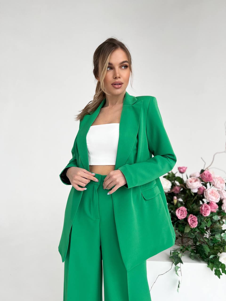 Grass Green Palazzo Suit Diagonal Crepe Womens Wide Leg Two Piece