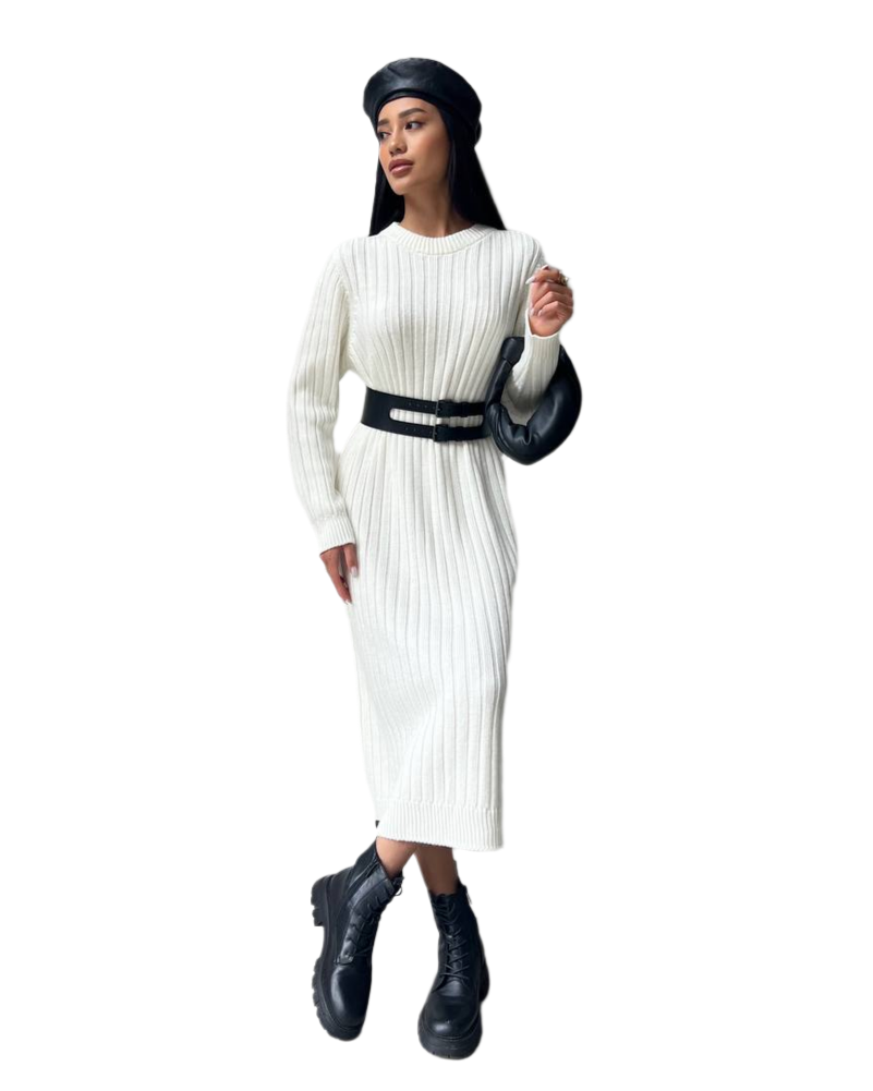 Seamless Knitted White Midi Dress for Women