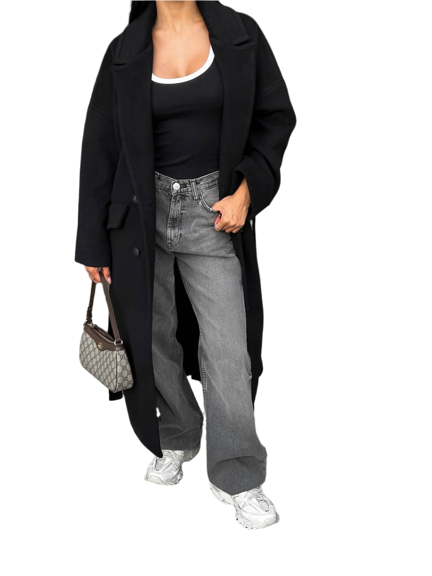 Womens Elegant Black Long Coat YULIANA 02 with Button Fastening