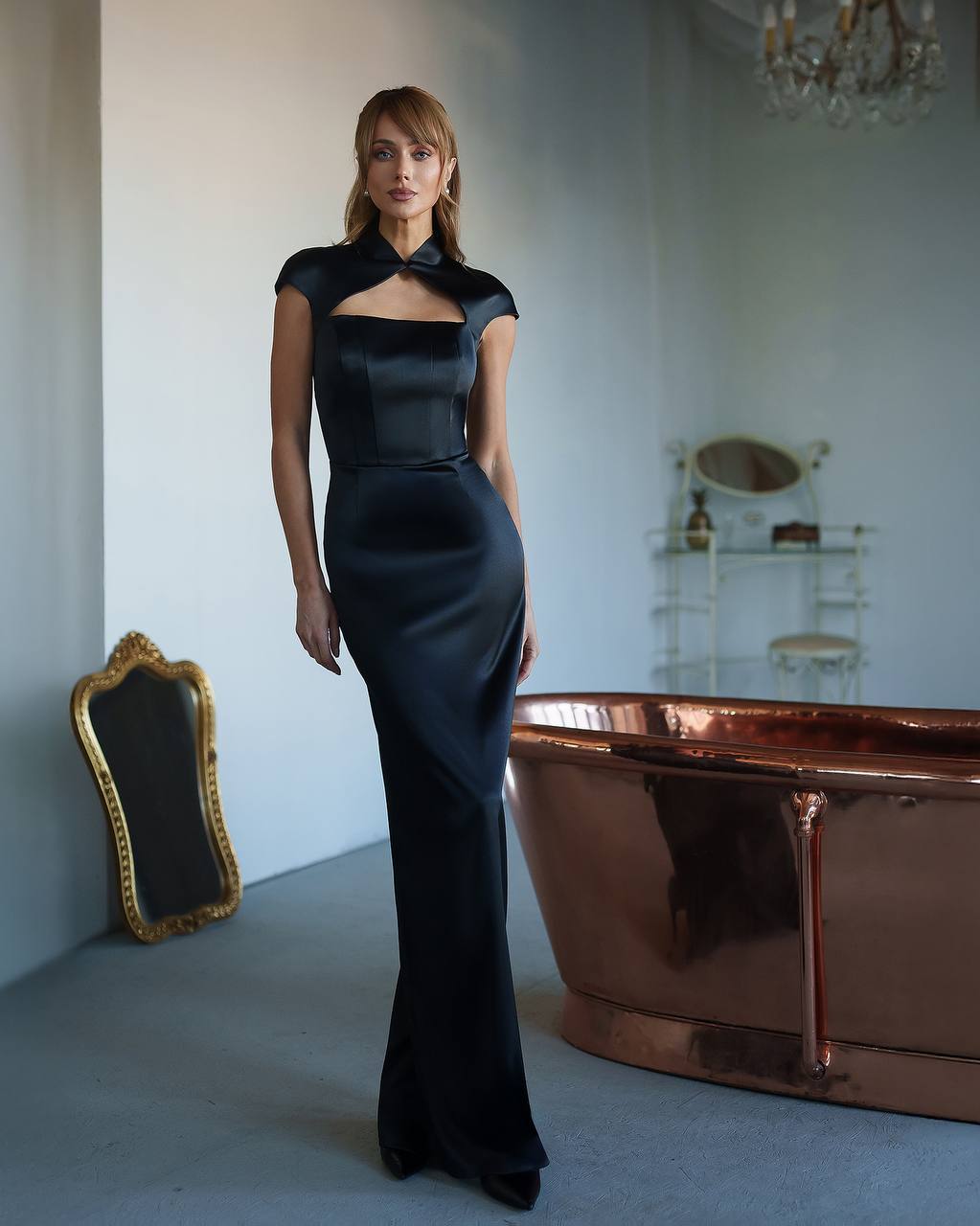 Elegant Black Dense Mango Satin Evening Long Dress for Women